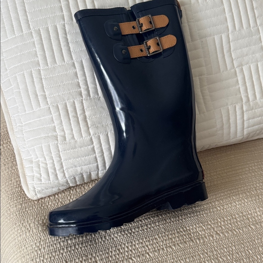 Chooka Shiny Blue Rain Boots with Tan Buckle Accents - Picture 7 of 15